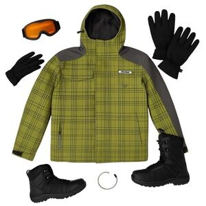 House Bomb Proof Men’s GREEN/BLACK Snowboard Jacket L Waterproof Insulated EUC